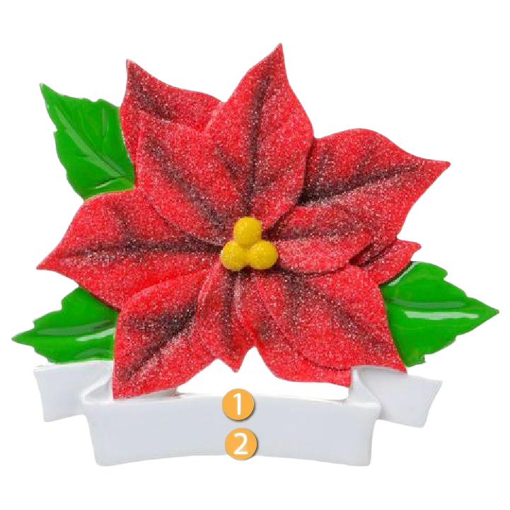 Red poinsettia ornament with yellow center and green leaves on white customizable banner under $50 Christmas decor collection