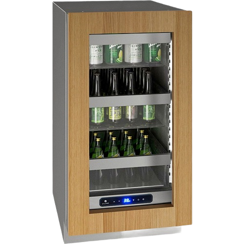 Compact beverage refrigerator with glass door, wood frame, digital temperature control, and stainless steel sides in appliances collection