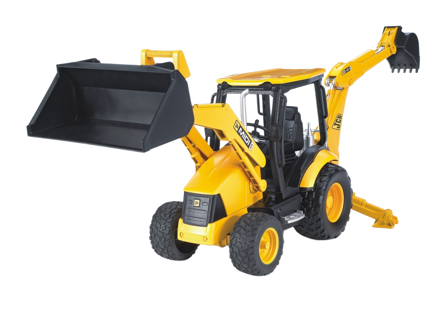 Yellow Bruder Toys 1:16 scale backhoe loader model featuring movable arm and loader bucket from Vehicles & Remote Controlled Toys collection
