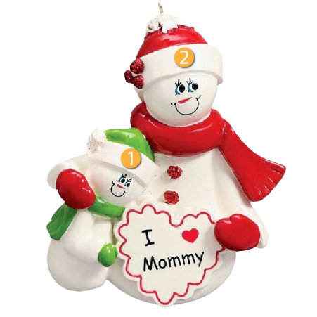 Festive mother and child snowmen ornament holding a heart-shaped sign saying I love Mommy for Christmas decor under 50