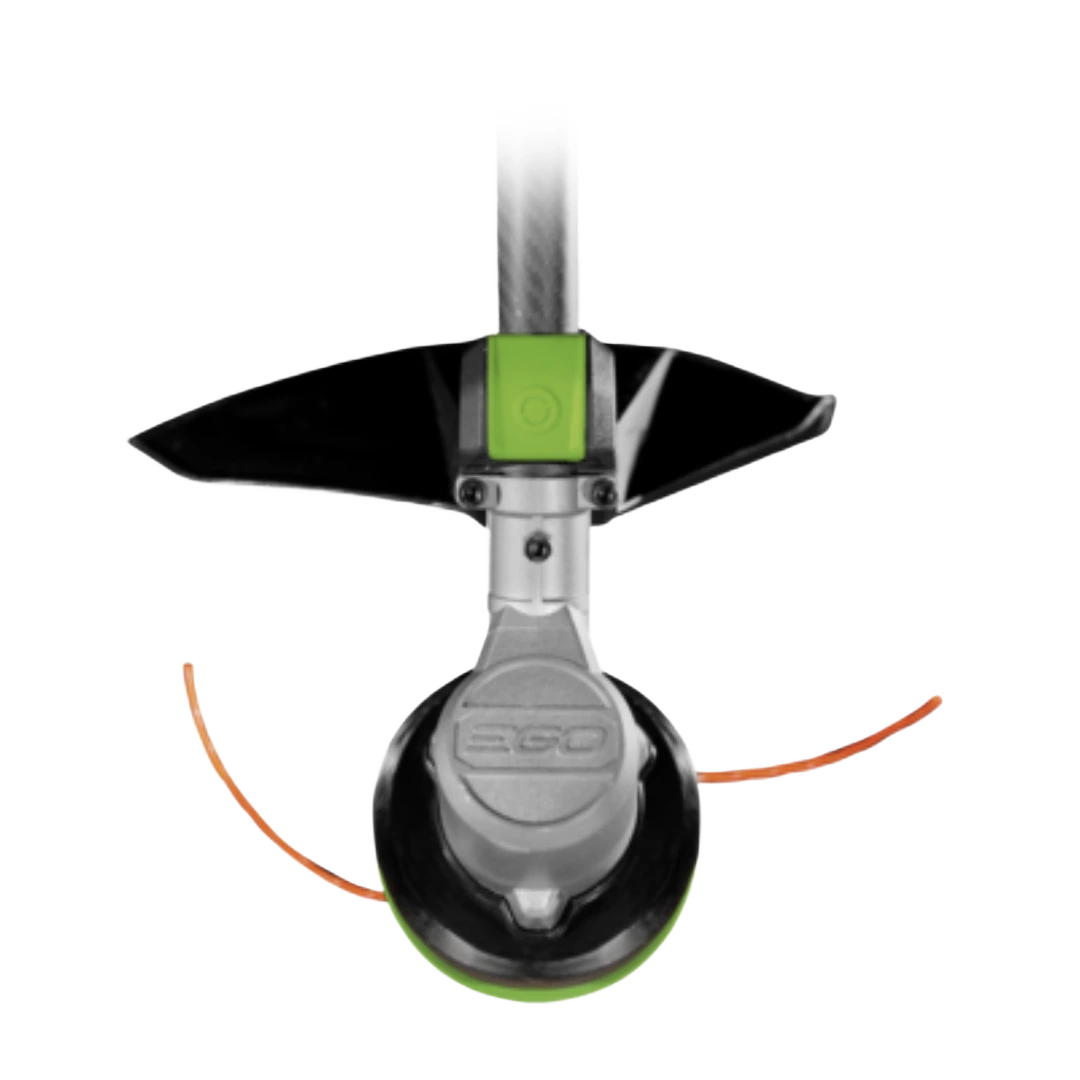 EGO outdoor power string trimmer head with dual cutting lines and green safety guard for lawn and garden tools use