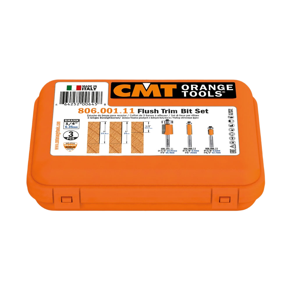 CMT Orange Tools 3/8" - 3/8" - 3/4" Flush Trim 3-Pc Bit Set, 1/4” Shank