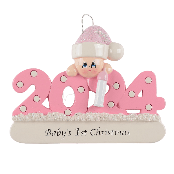 Pink 2024 baby's first Christmas ornament with baby wearing Santa hat holding bottle in Christmas Ornaments collection