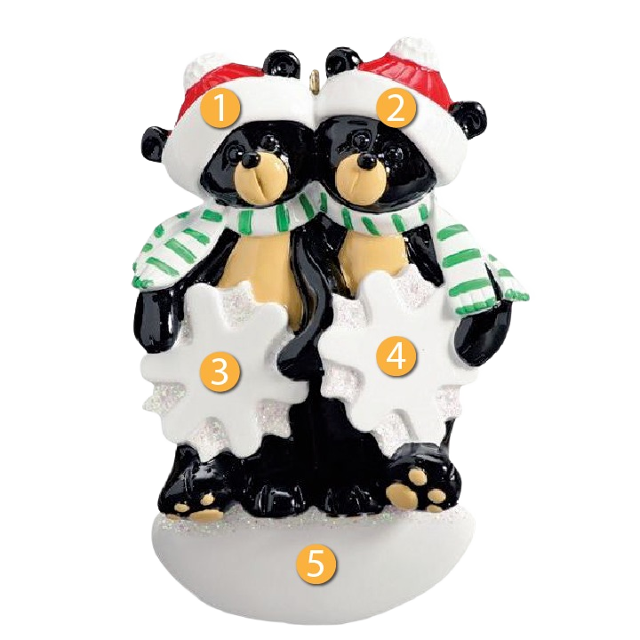 Black bear couple ornament wearing matching striped scarves and Santa hats holding glittery snowflakes from Christmas collection
