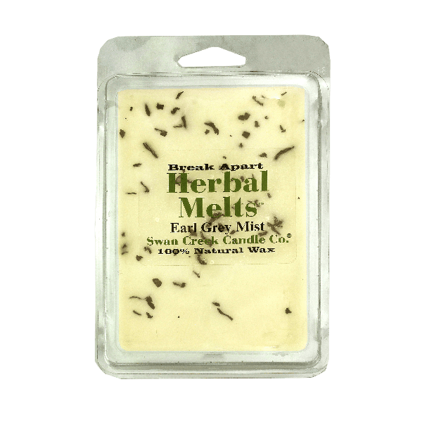 Clamshell pack of natural wax herbal melts with Earl Grey Mist scent and botanical flecks for home fragrance