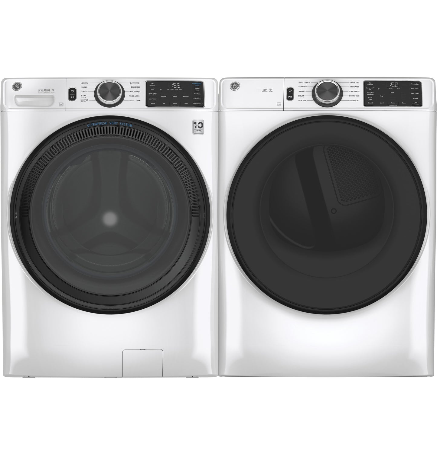 Pair of white front load smart washer and electric dryer with digital controls from Washers & Dryers collection