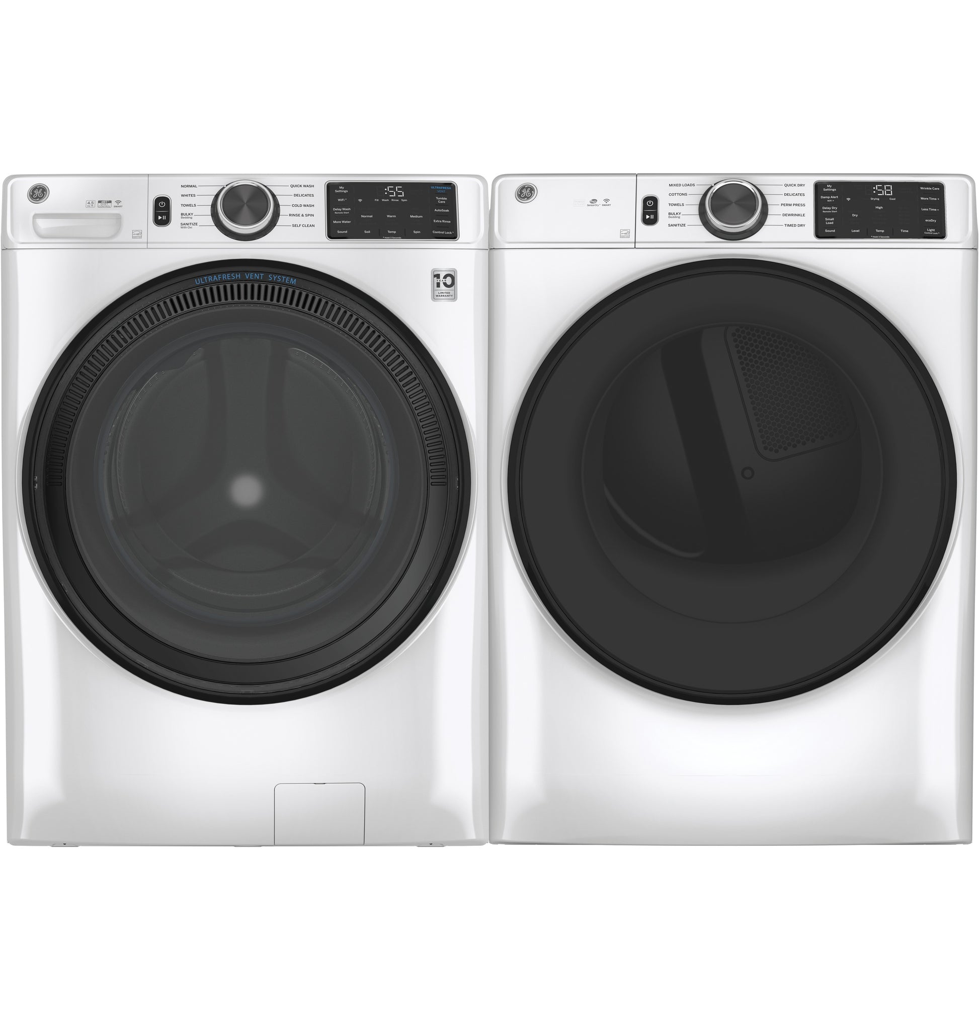 Pair of white front load smart washer and electric dryer with digital controls from Washers & Dryers collection