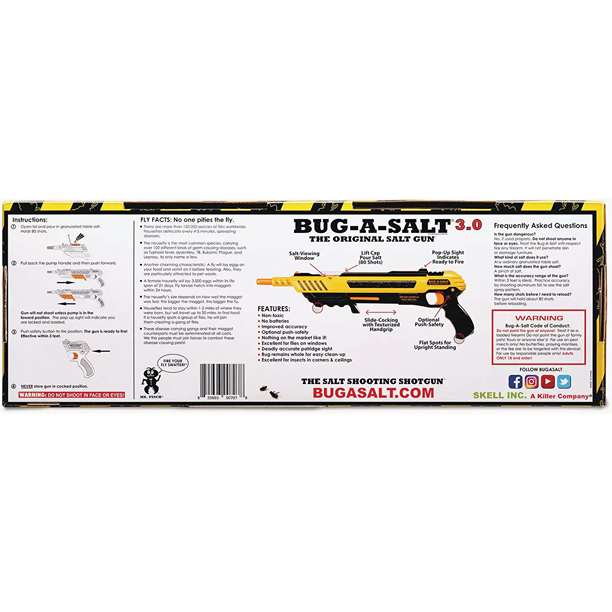 Packaging for Bug-A-Salt 3.0 Yellow bug control device with safety and accuracy features in insect and pest control collections