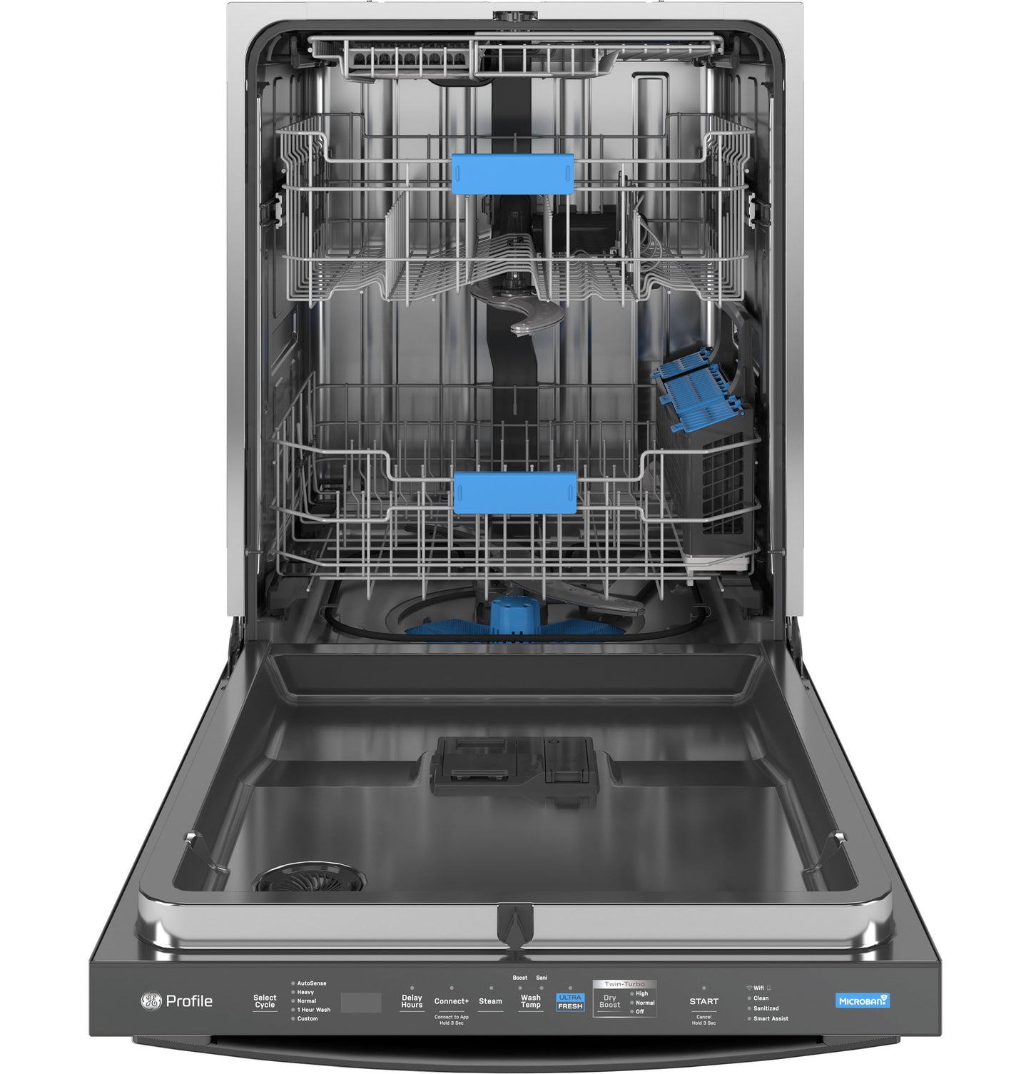 Open stainless steel GE Profile dishwasher showing racks and control panel, part of dishwashers and kitchen appliances collection