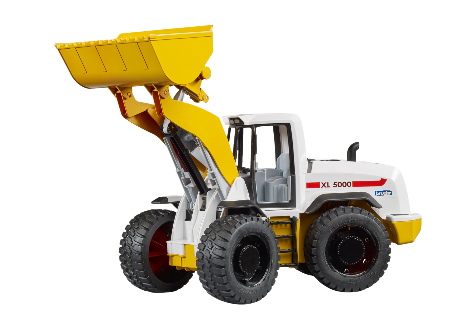 Compact Bruder XL 5000 wheel loader toy with raised yellow bucket and rugged tires for construction role play