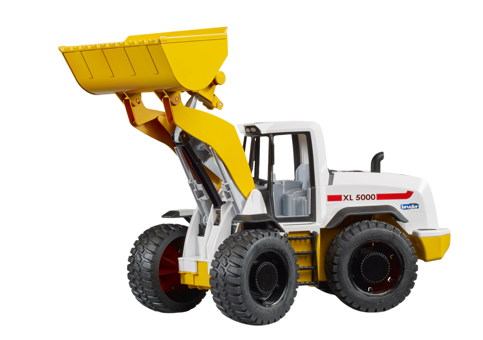 Compact Bruder XL 5000 wheel loader toy with raised yellow bucket and rugged tires for construction role play