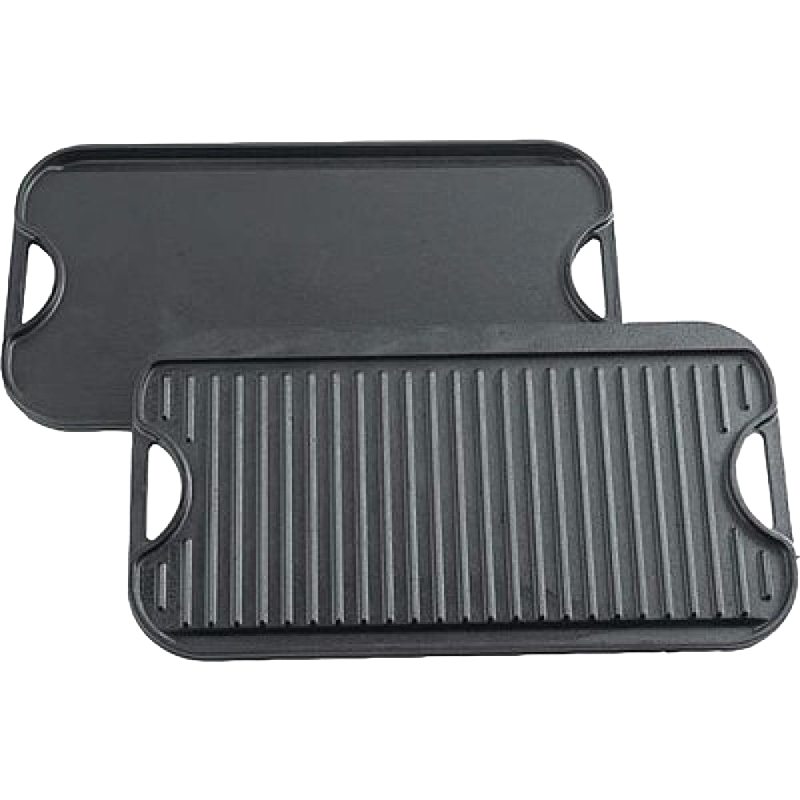 Double-sided cast iron griddle with flat and ridged surfaces, durable kitchenware for indoor grilling and outdoor cooking.