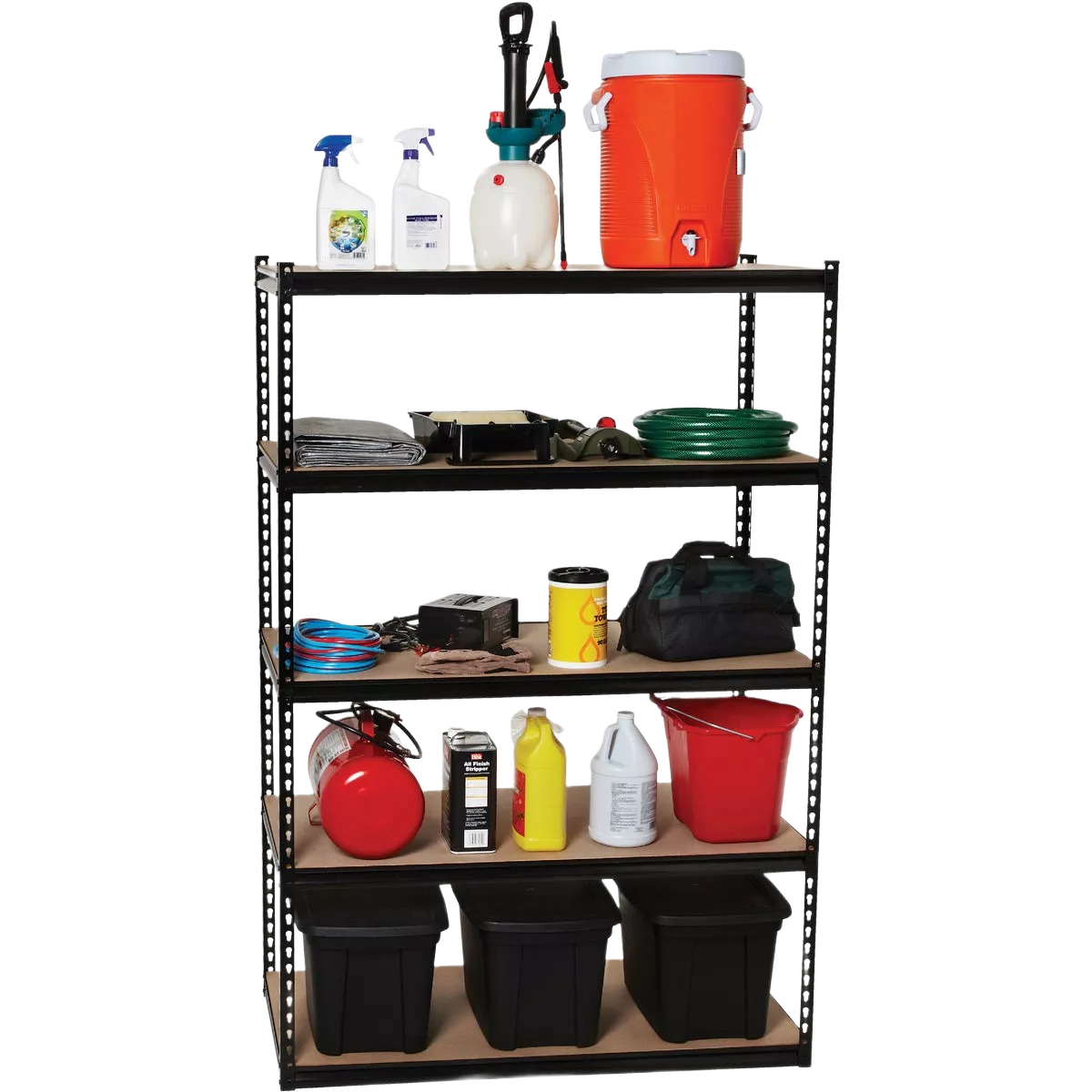 Black steel shelving unit with five particleboard shelves storing tools and supplies for storage and organization spaces