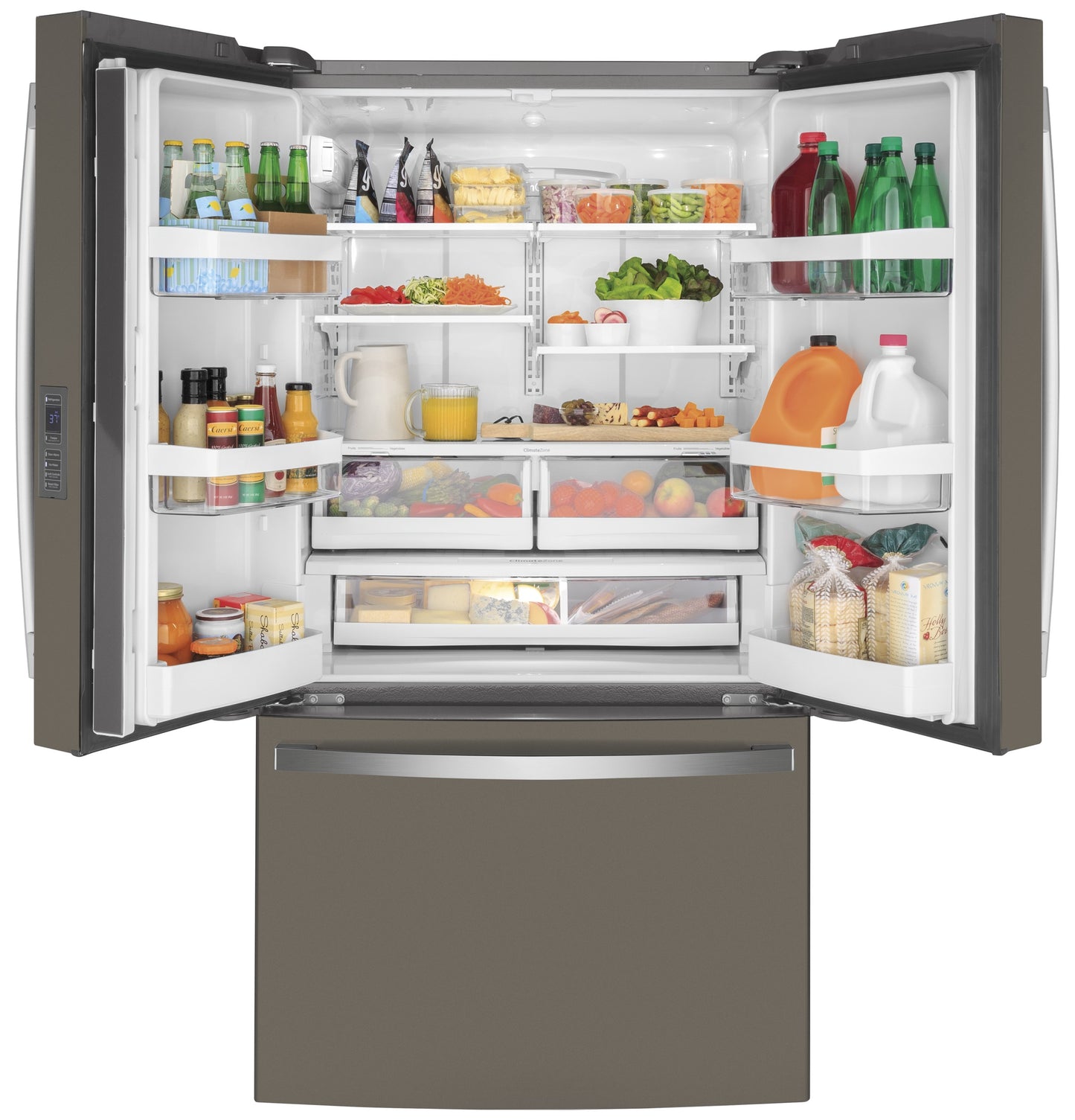 Open slate-finished counter-depth French-door refrigerator with organized fresh produce and beverages in kitchen appliances collection
