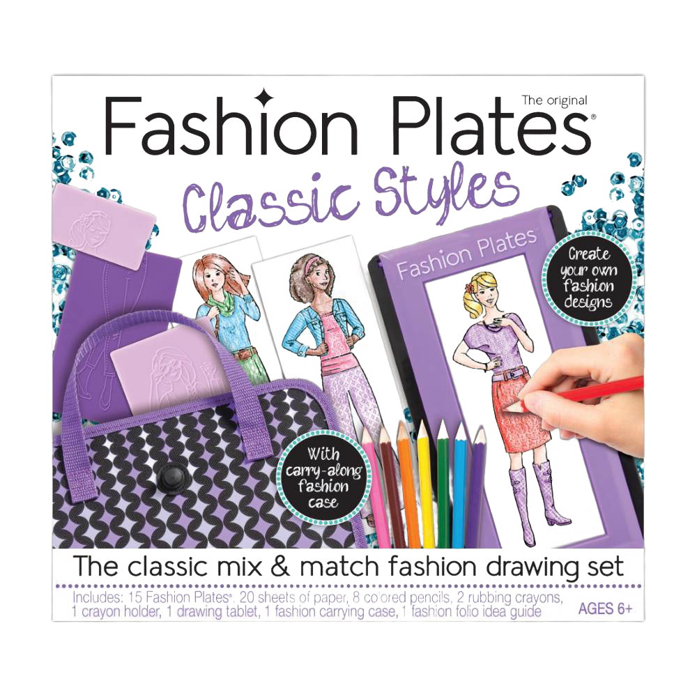 Pretend play fashion design kit with colored pencils, carrying case, and reusable fashion plates for creative kids ages 6+