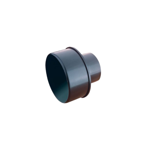 Black plastic adapter fitting designed for connecting different pipe sizes in woodworking and home improvement projects