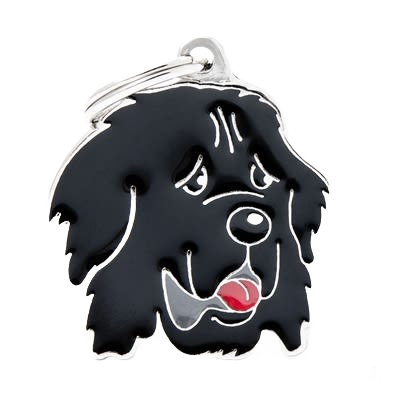 Black and silver dog-shaped ID tag with red tongue detail designed for pets and family identification
