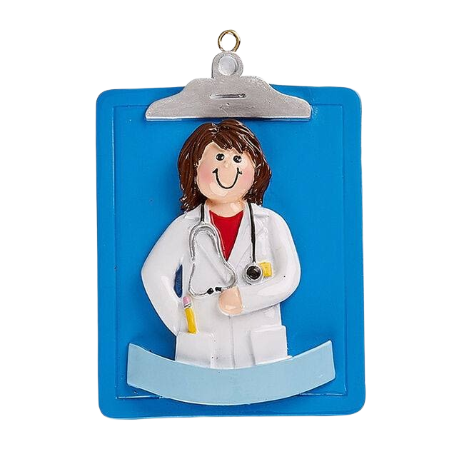 Personalized woman doctor figurine ornament on blue clipboard background for Christmas tree decoration under 50 dollars