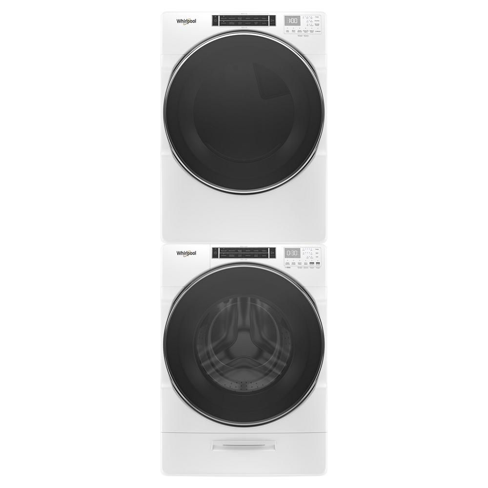White stacked front load washer and dryer set with digital controls and large black circular doors in appliances collection