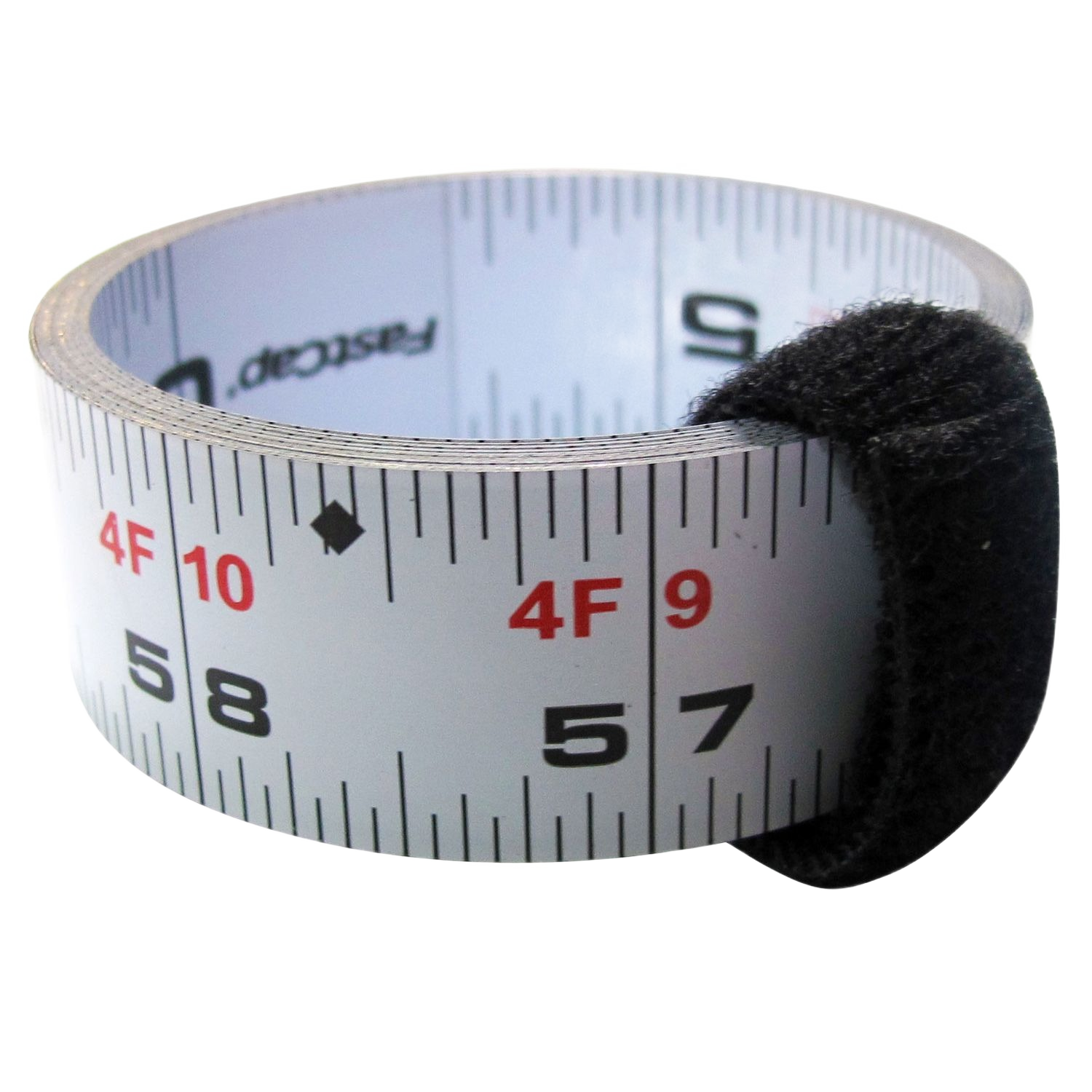 Flexible peel and stick metric measuring tape with red and black markings for woodworking and home improvement tools collection