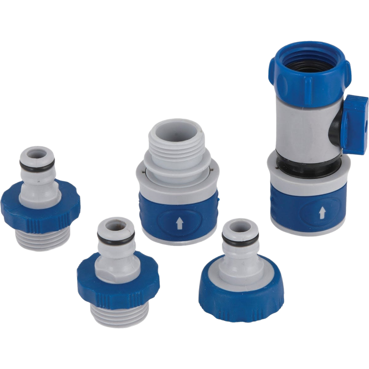 Assorted blue and white polymer quick connect garden hose connectors for irrigation and lawn sprinklers under $50