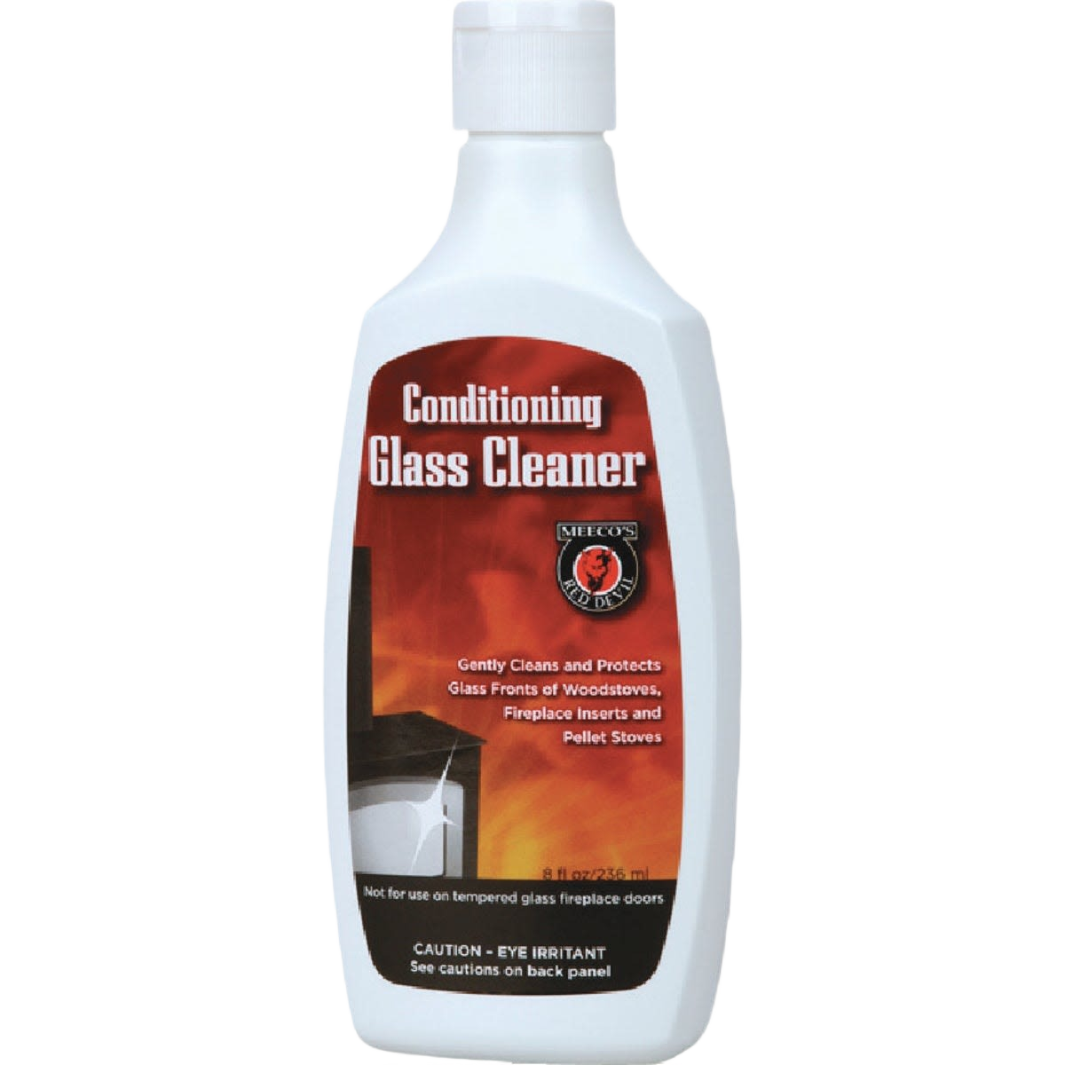8 oz white bottle of conditioning glass cleaner with red label for woodstoves and fireplace glass maintenance