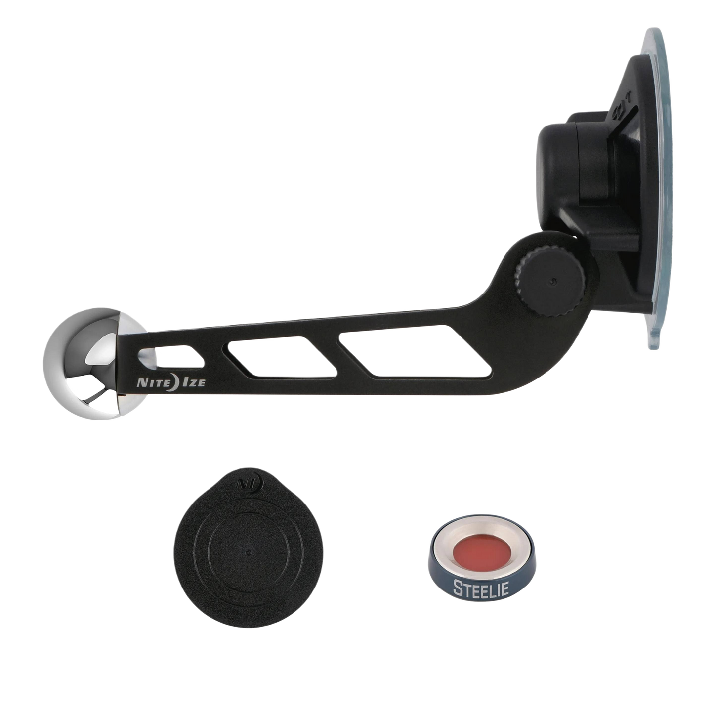 Black metal adjustable arm windshield mount with suction base and circular magnetic phone holder accessories for tools and home improvement