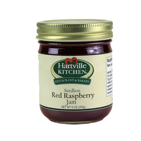 9 oz jar of Hartville Kitchen seedless red raspberry jam for jams and jellies collections