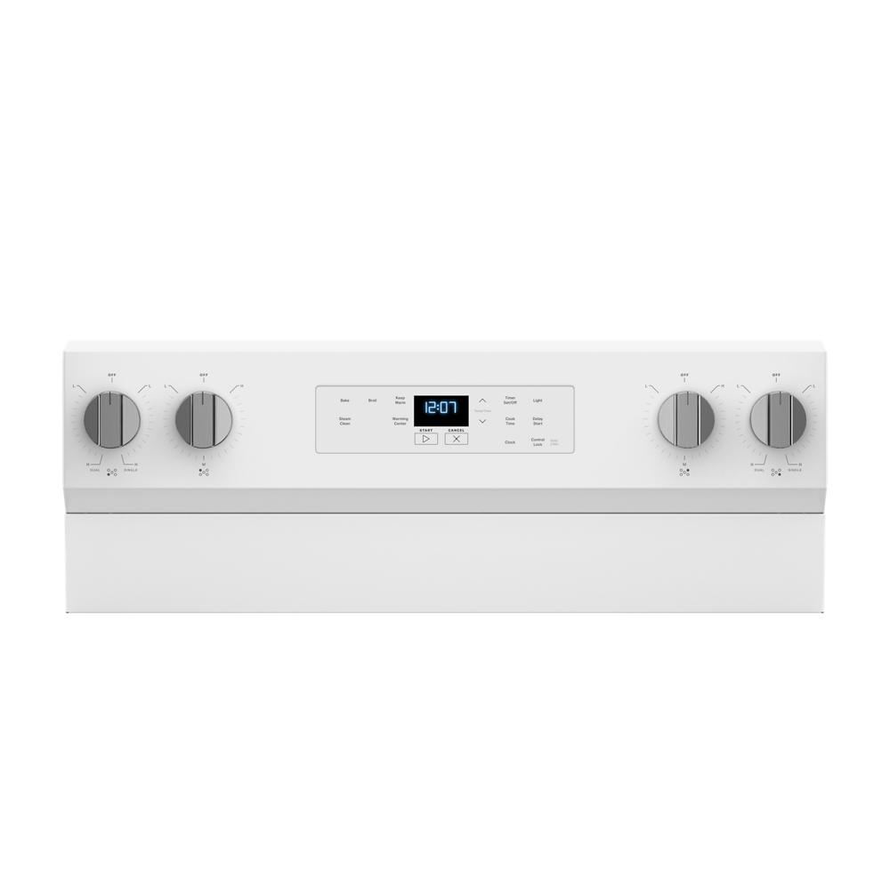 Control panel of a white 30-inch electric range with digital clock and four gray rotary knobs for cooking settings