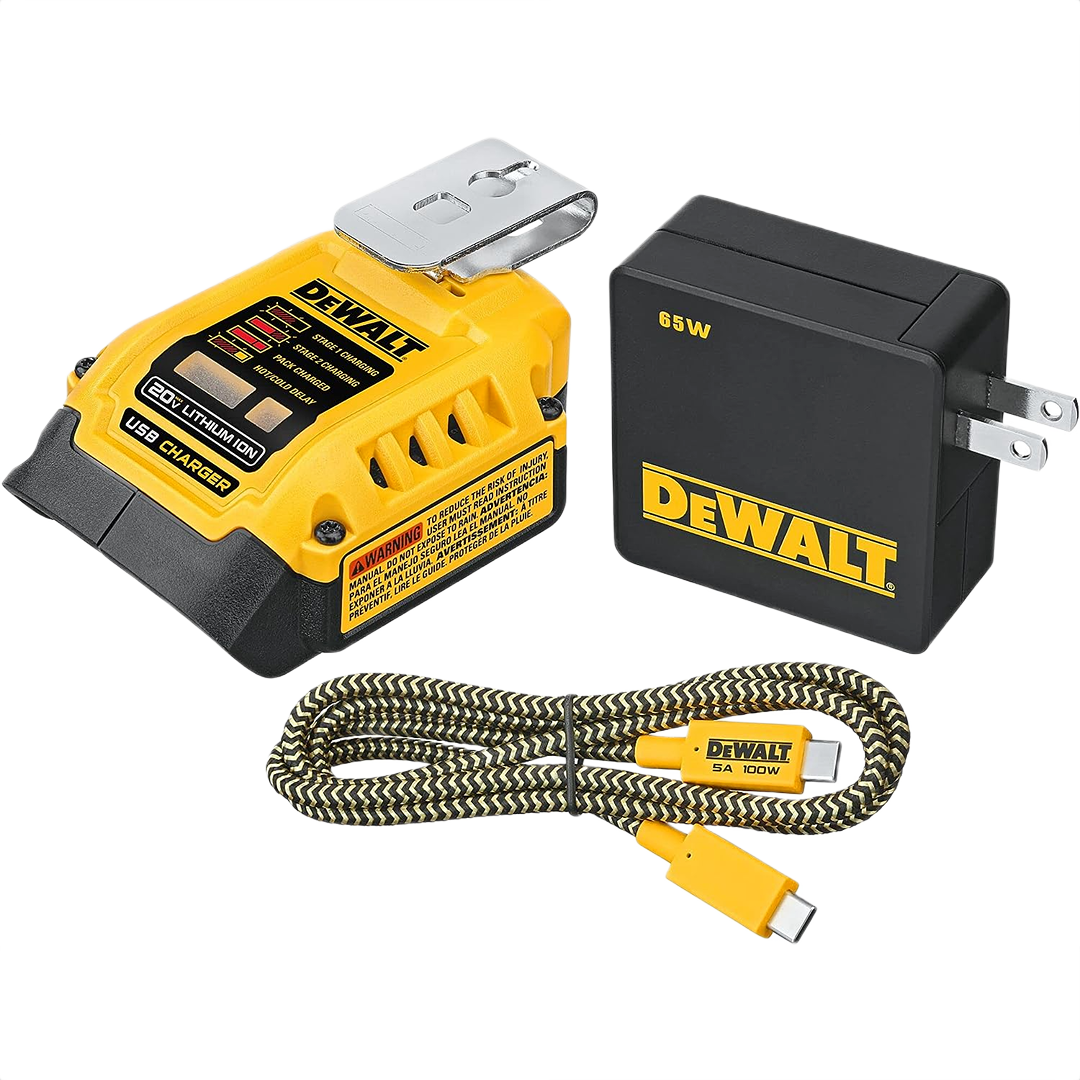 Yellow and black USB charger kit with power adapter and braided charging cable for power tool batteries and accessories