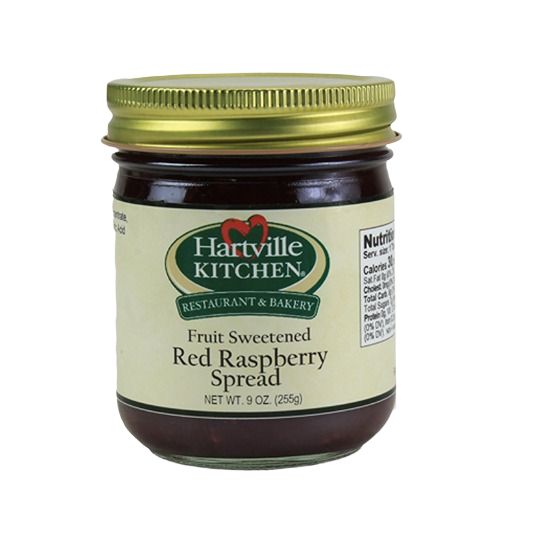 Jar of Hartville Kitchen fruit sweetened red raspberry spread, 9 oz, from jams and jellies collection under $25