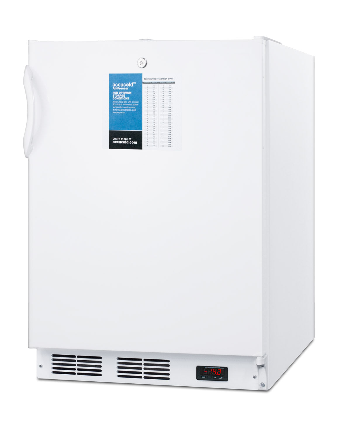 White freestanding upright freezer with digital temperature display in freezers and kitchen appliances collection