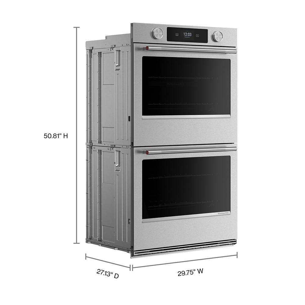 Stainless steel 30-inch smart electric double wall oven with LED touchscreen and backlit knobs from KitchenAid Appliances collection