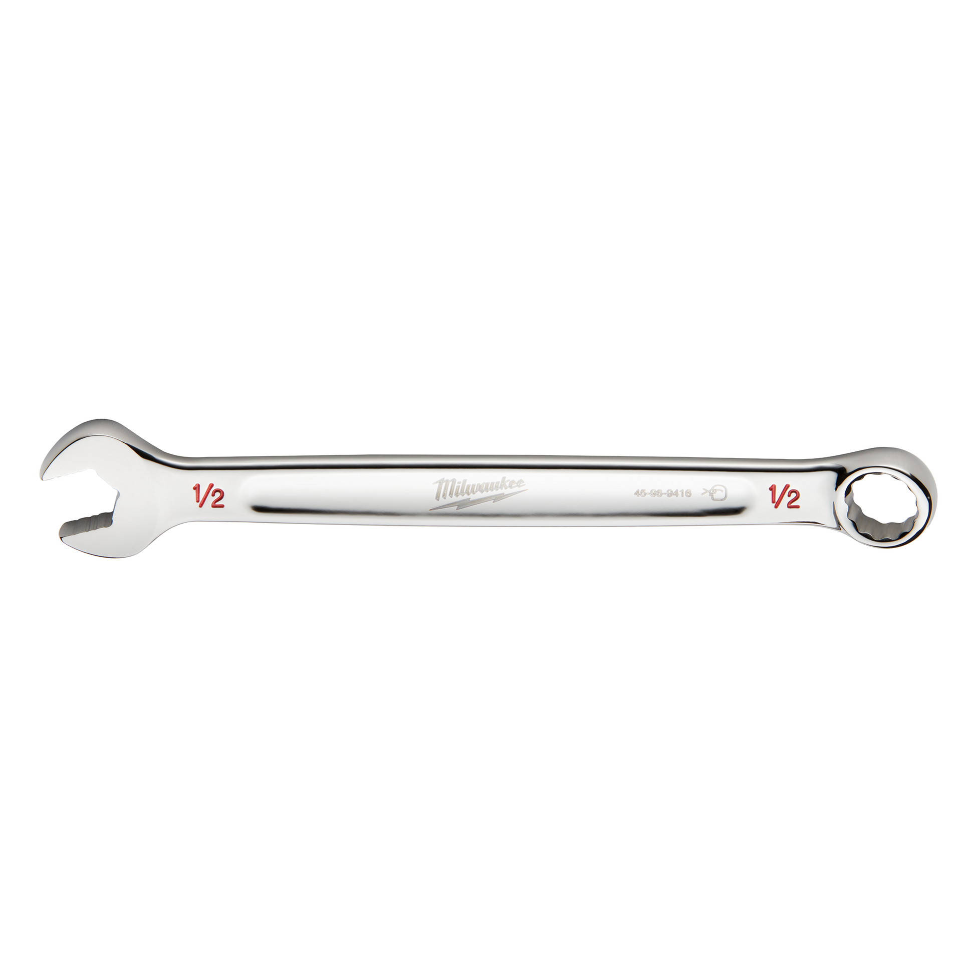 Polished steel open and box end wrench with 1/2 inch size markings for professional home improvement tasks