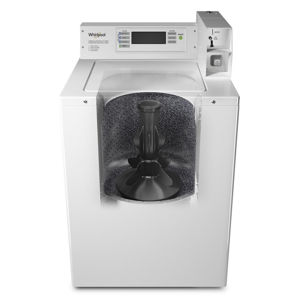 White commercial top-load washer with digital controls and factory-installed coin drop in washers and dryers collection