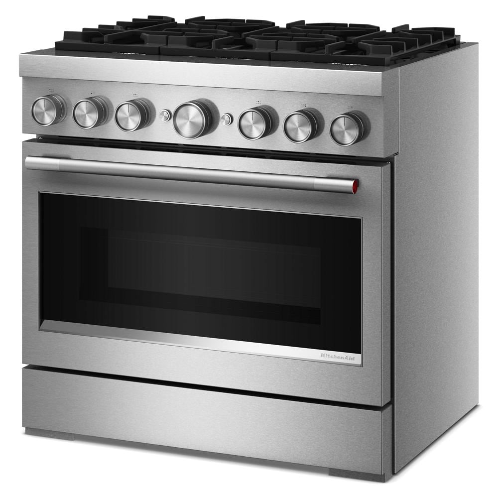 stainless steel 36-inch commercial-style dual fuel range with six burners and large oven window for kitchen appliances