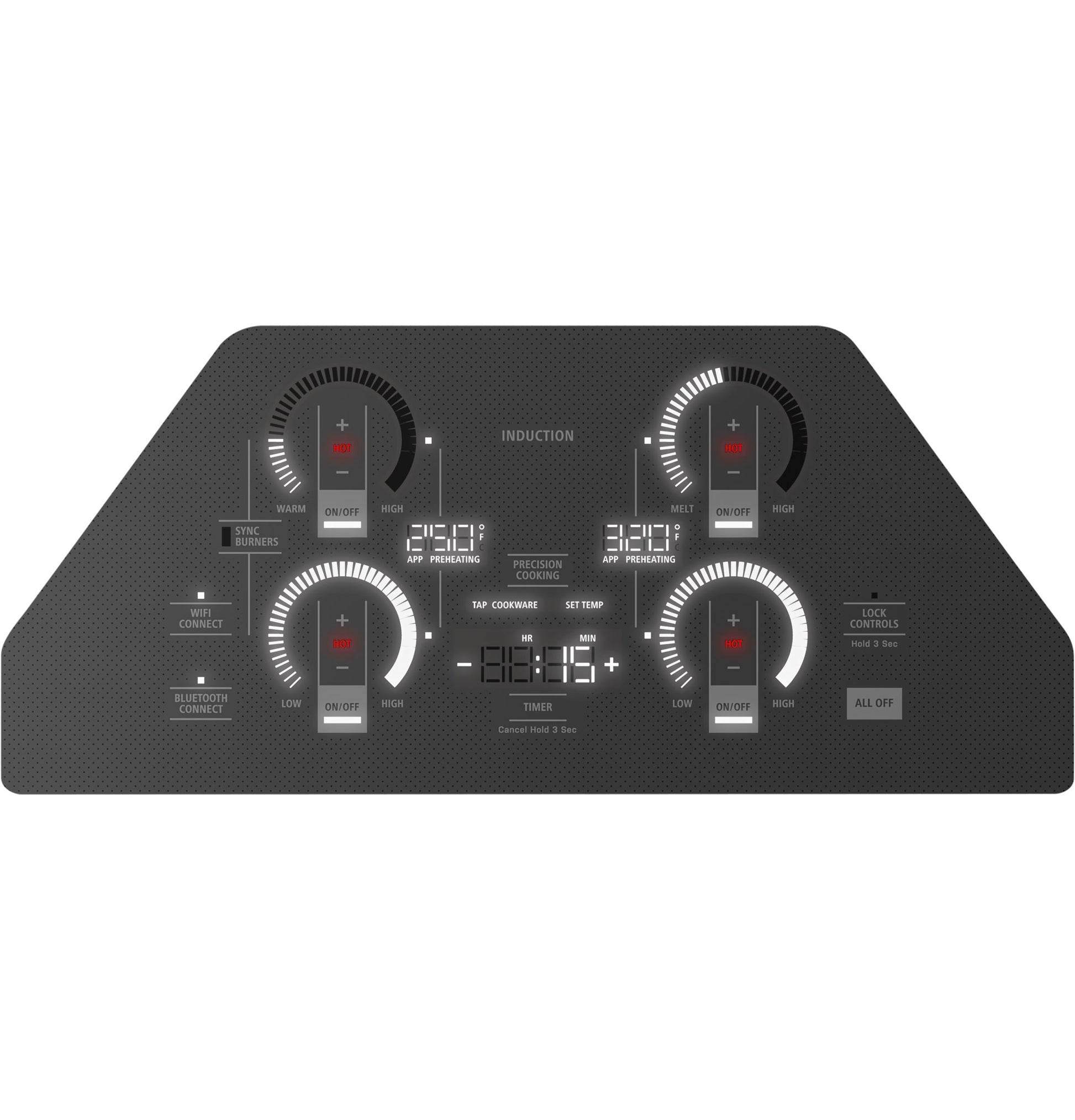 Control panel of Monogram ENERGY STAR® 30-inch induction cooktop with digital timer and four touch control knobs in kitchen appliances collection