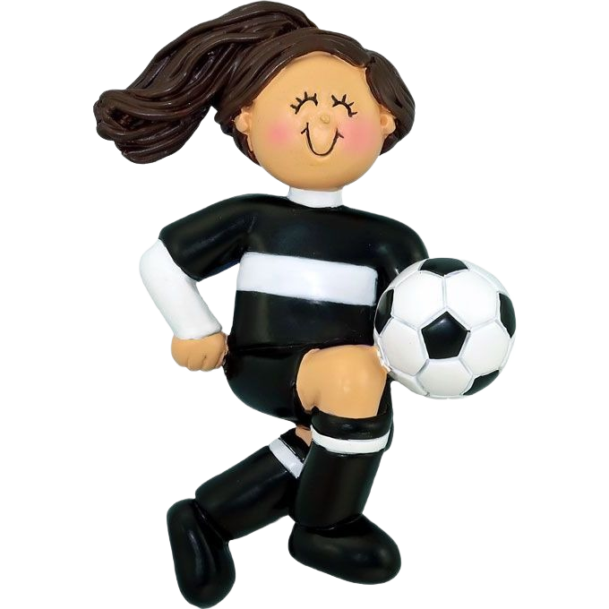 Brunette female soccer player figurine in black and white uniform holding ball from Christmas Ornaments & Tree Decorations under $50