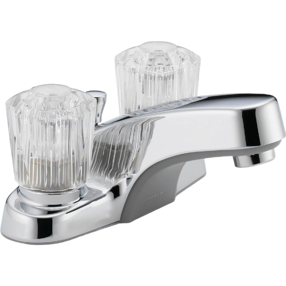 Chrome two-handle centerset bathroom faucet with clear acrylic knobs for plumbing and home improvement use