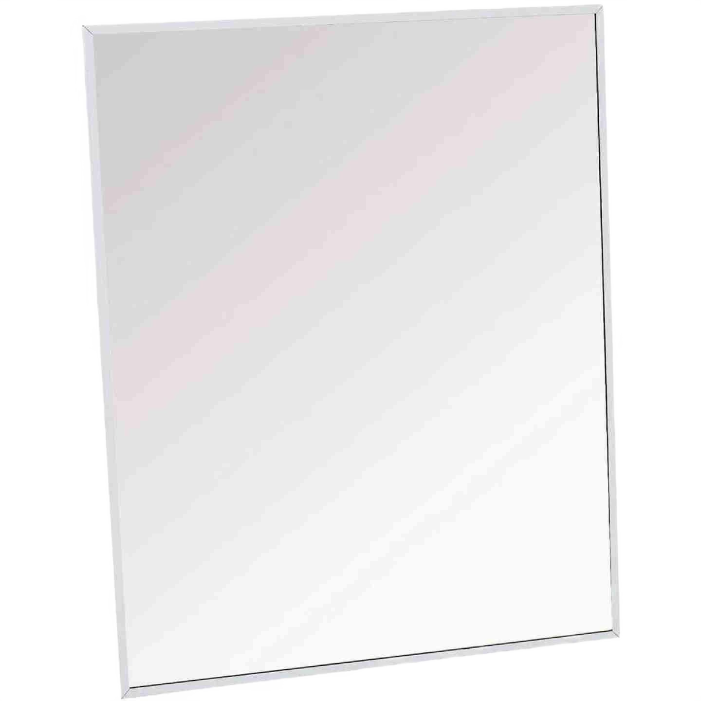 Rectangular stainless steel framed mirror designed for recessed wall mounting in bathrooms or home improvement spaces