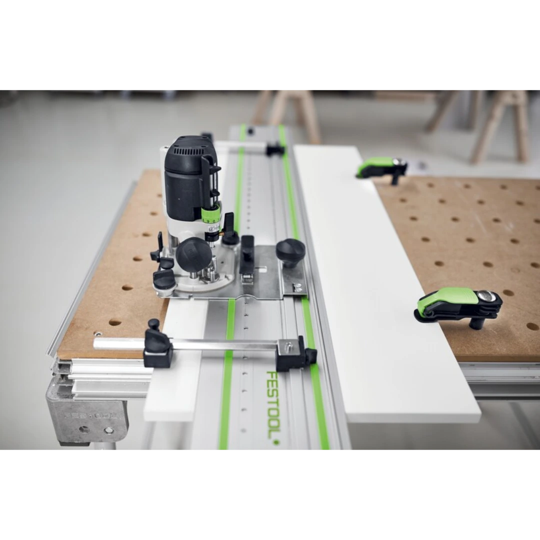 Festool woodworking edge stop system with guide rail and clamps for precise drilling in woodworking tools under $100