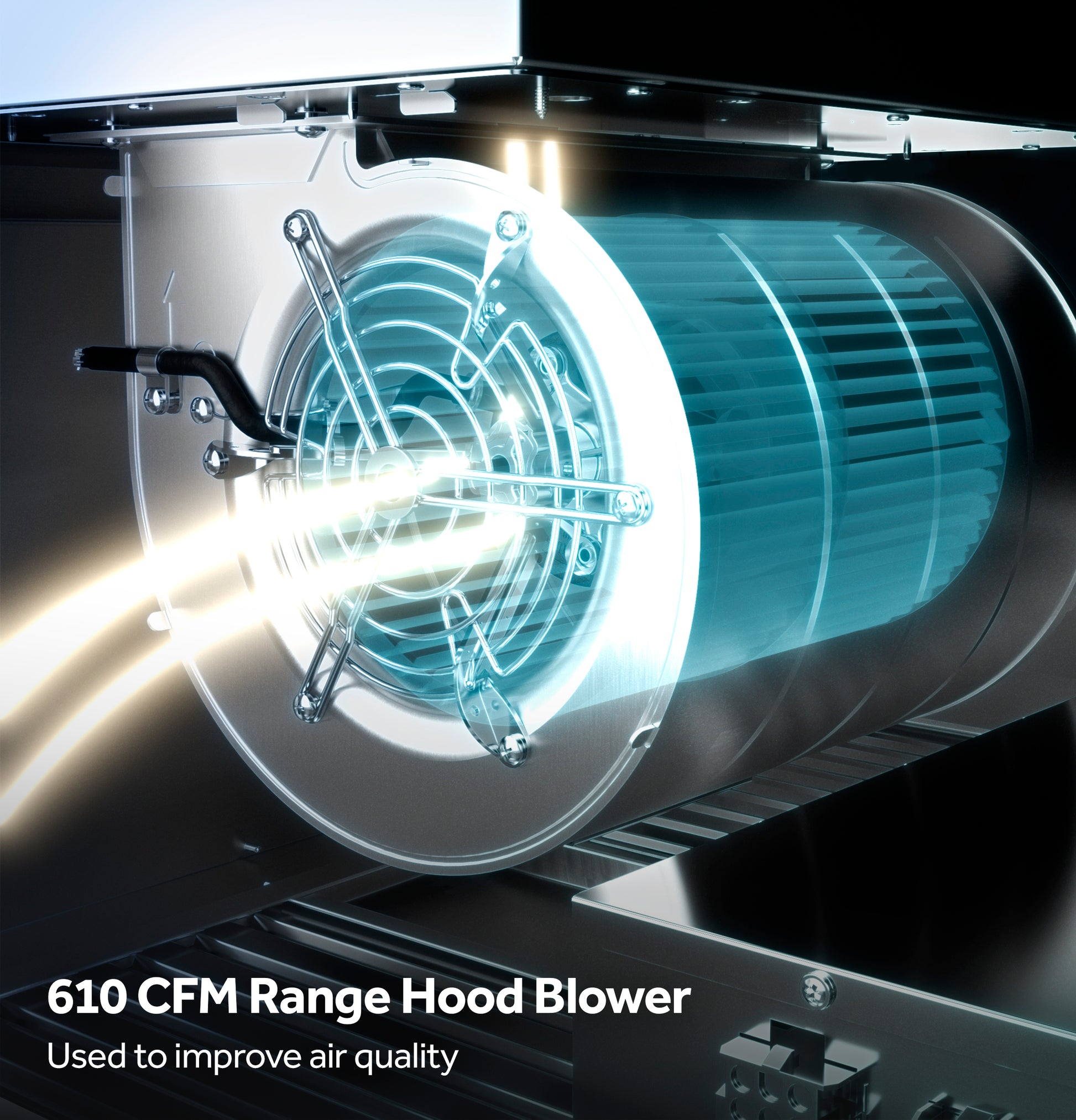 Close-up of high-performance range hood blower motor demonstrating advanced airflow for improved kitchen ventilation and air quality