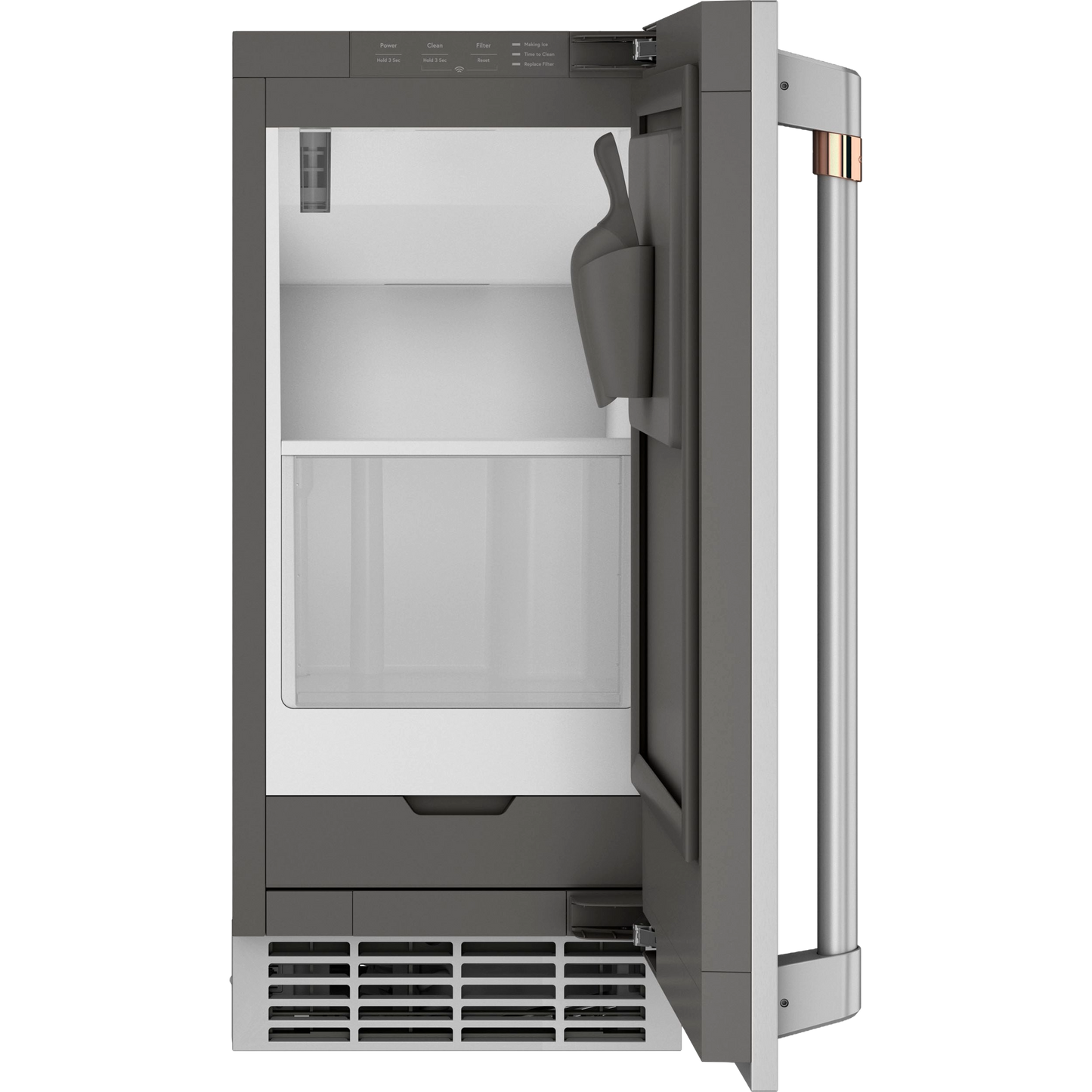 Modern stainless steel ice maker door with inner scoop holder in kitchen appliances and freezers collection