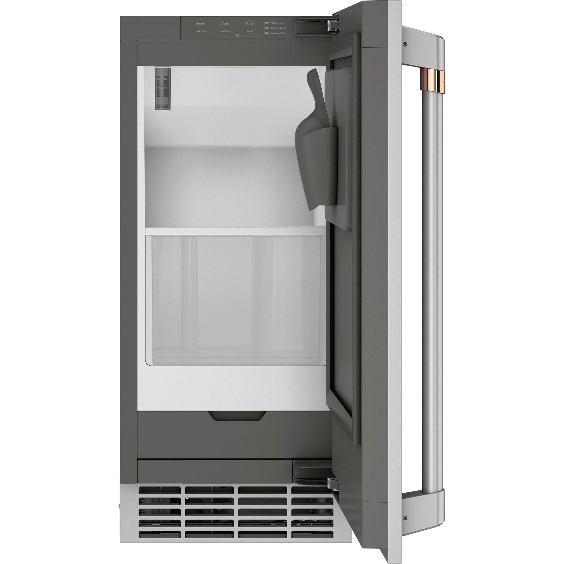 Modern stainless steel ice maker door with inner scoop holder in kitchen appliances and freezers collection