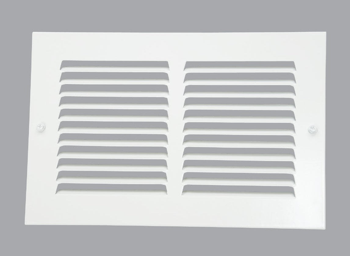 White stamped steel air return grille with horizontal vents and screw mounts for plumbing and home improvement under 50 dollars