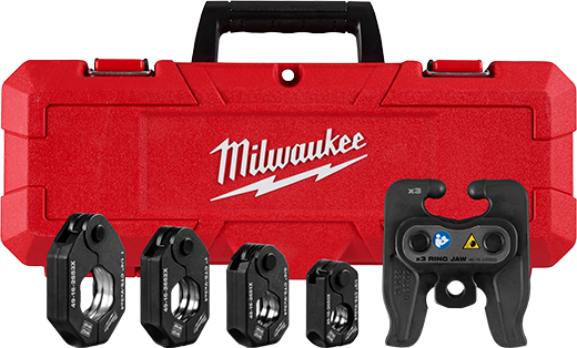 Red hard plastic Milwaukee toolbox with black pivoting press rings kit for tools and home improvement projects