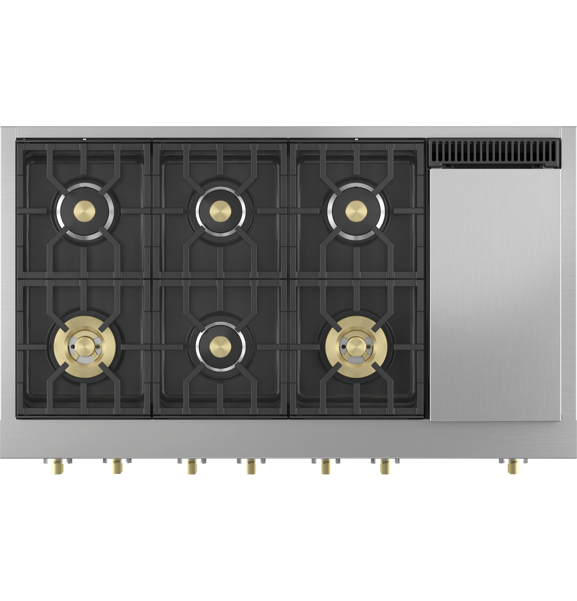 Stainless steel 48-inch professional gas cooktop with six burners, griddle, and brass burner caps from Cooktops collection