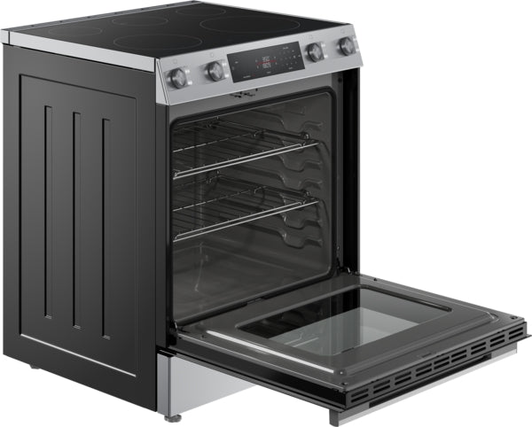 Electric freestanding range with stainless steel accents and open oven door showing interior racks and smooth cooktop surface