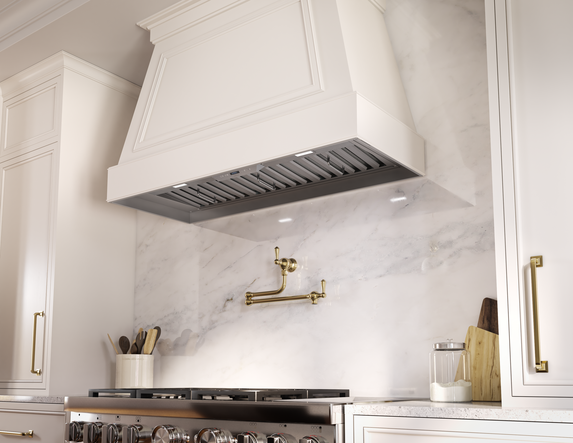 White built-in range hood with stainless steel vent grille and integrated LED lighting above a stainless steel gas cooktop, featured in Range Hoods, Kitchen & Kitchenware, Appliances collections.