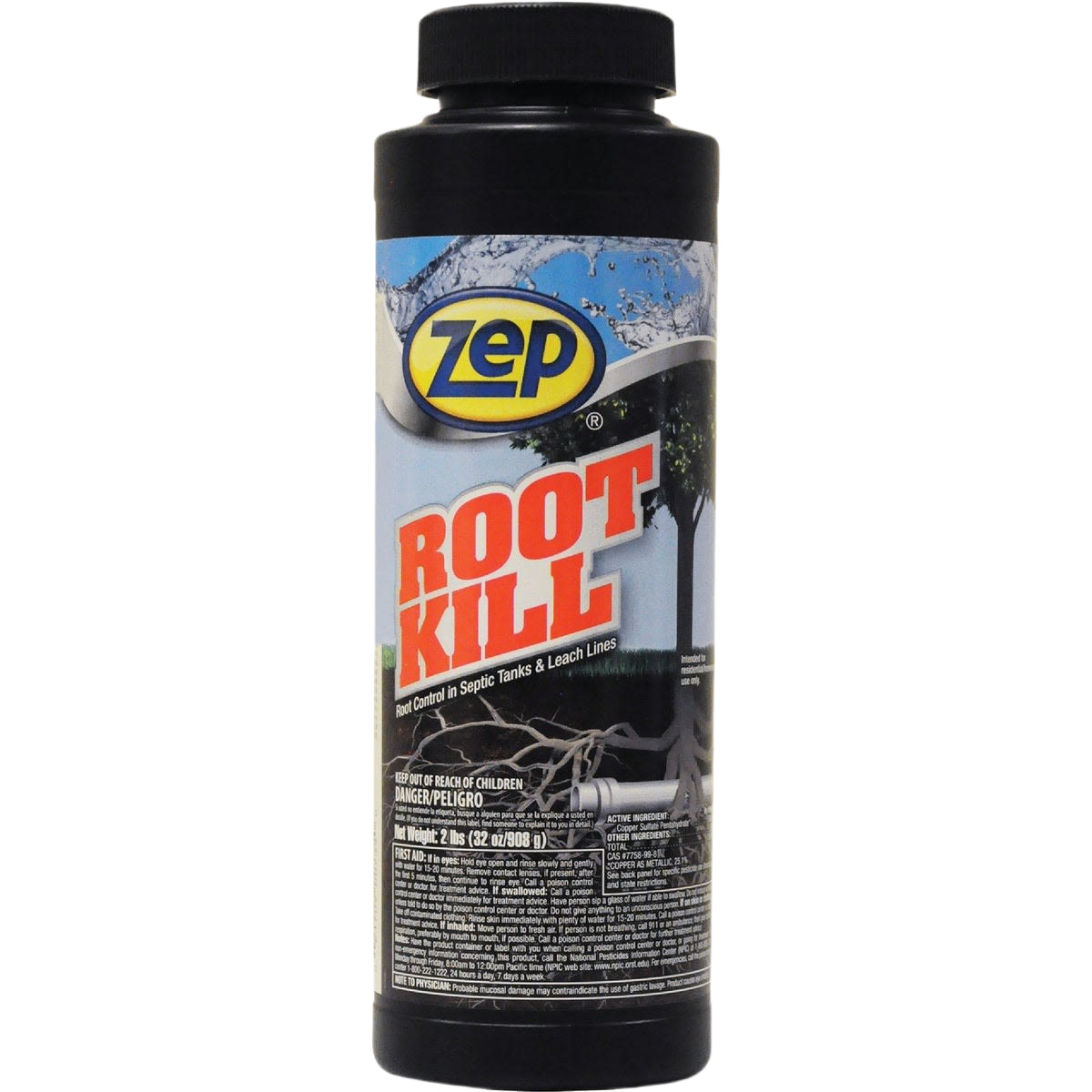 Black plastic bottle of Zep granular root killer with blue and orange label for plumbing and drain cleaner use